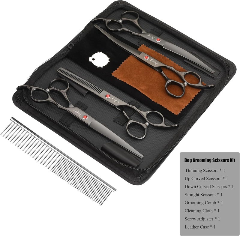 Fcysy Dog Grooming Scissors Kit, Professional Pet Hair Cutting Shears Set with Curved & Straight Blades Scissors Thinning Shears– Stainless Steel Grooming Tools for Dogs & Cats at Home - Image 2